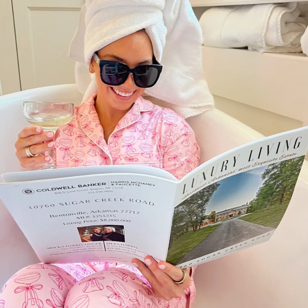 Pink Champagne Bow Print Pajama Set